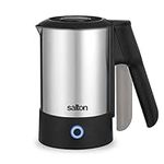 Salton Compact Travel Kettle, Cordless Electric Stainless Steel Water Boiler and Tea Heater, Retractable Handle and Handy Cord Wrap, 1000 Watts (JK2035), Silver