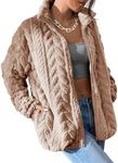 Dokotoo Girls Lightweight Fall Jackets Zip Up Sherpa Long Sleeves Tops Side Pockets Plus Size Coats Baggy Short Outwears,Light French Beige X-Large