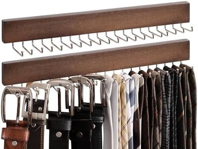StorageWorks Tie Rack, Tie Holder Organizer with 20 Hooks, 2-Pack Necktie Organizers Hold Ties, Belts, Wall-Mounted Tie Holders for Closet, Wooden Belt and Tie Organizer for Men, Walnut Color