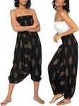 likemary Harem Pants Women - Boho Pull Up Into Jumpsuit With Pockets - 2-in-1 Hippie and Romper Jumper Outfit - Genie Black & Gold Regular