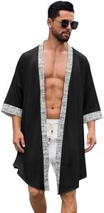 ODIZLI Japanese Kimono For Men Folk Traditional Kimono Cardigan Open Front Contrast Panel Cover Up Robes Summer Geometric Trim Lightweight Boho Robe for Beach Pool Spa Vacation Black M