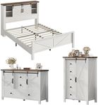AMERLIFE 3 Pieces Farmhouse Bedroom Set with Sliding Barn Doors, Includes Full Size Rustic Wood Bed with Bookcase Headboard, 5 Drawer Tall Dresser, 47'' Dresser with 4 Drawers, Distressed White