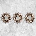 HomeZone Modern Metallic Sunburst Round Wall Mirrors with Distressed Bronze Effect - Lightweight Medieval Gold Steel Aztec Wall Mounted Mirror Set for Home, Living Room Decor (Set of 3, Bronzed Gold)