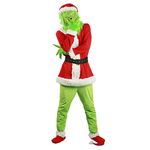 Adult Green How The Grinch Stole Christmas 7PCS Costume Set - Including Mask Halloween Xmas Funny Cosplay Props (Red, L)