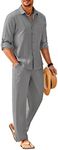 COOFANDY Mens Coordinated Outfit 2 Piece Linen Sets Casual Long Sleeve Button Down Cuban Shirt and Loose Pants Set Beach Vacation, Grey, XX-Large