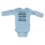 Apericots I Get My Good Looks from My Uncle Long Sleeve Baby Bodysuit Light Blue