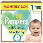 Pampers Harmonie Nappies Size 1, 180 Nappies, 2kg-5kg, Monthly Pack, Gentle Skin Protection with 100 Percent Pampers Protection