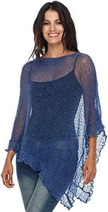 SHU-SHI Womens Sheer Poncho Shrug Lightweight Knit Ruffle Pullover Sweater Top (One Size, Deep Sea)