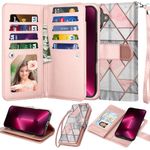 Njjex Wallet Case for iPhone 16 Plus 6.7" 2024, for iPhone 16 Plus Case, [9 Card Slots] PU Leather ID Credit Holder Folio Flip [Detachable] Kickstand Magnetic Phone Cover & Lanyard [Marble Pink]