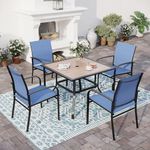 5 Piece Patio Dining Set for 4, 37”x37” Square Table (PVC Wood-Like Table Top) with 1.57" Umbrella Hole and 4 Metal Chairs, Outdoor Table and Chairs Set for Lawn Backyard and Deck, Blue