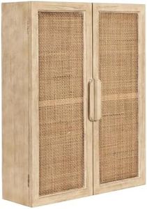 Kate and Laurel Ori Transitional Cane Two-Door Wall Cabinet, 22 x 7 x 28, Natural Wood, Decorative Rattan Over-the-Toilet Storage Cabinet with Three Shelves for Bathroom Decor or Living Room Display