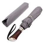 Balios (Designed in UK) Travel Folding Umbrella Lux Hardwood Handle Auto Open & Close Windproof Single Canopy (Metallic Grey)