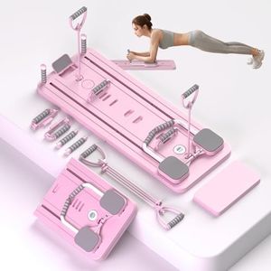 Foldable Pilates Reformer with Resistance Bands & Timer - Home Pilates Machine with Handles, Knee Pad & Compact Design, Professional Pilates Equipment for Women (Pink)