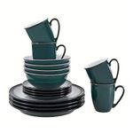 Denby - Greenwich Dinner Set For 4 - 16 Piece Tableware Green, White - Dishwasher Microwave Safe Crockery - 4x Dinner Plate, 4x Small Plate, 4x Cereal Bowl, 4x Coffee Mugs - Chip, Crack Resistant