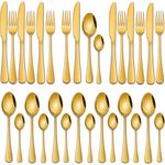Gold 32-Piece Cutlery Sets,Gold Tableware Sets Includes Dinner Spoons and Fork Table Knives for Kitchen Eating Utensils Set,Stainless Steel Silverware Sets for Home