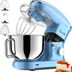 Robot Pâtissier 1500W Facelle Petit électroménager 6,2L,avec Crochet Pétrisseur,Batteur,Fouet à Fil,protection contre les éclaboussures,pour la cuisson,les gâteaux(Bleu)