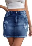 HERBATOMIA Women’s Denim Mini Pencil Skirt Bodycon Dark Blue High Waist Casual Washed Frayed Stretchy Jean Skirts for Women with Pocket