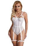 comeondear Sexy Lingerie Set with Wide Garter Belt for Women Mesh Teddy Bodysuit Plus Size Suspenders Lingerie Set with Thigh Cuffs White 12 14