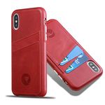 LUCKYCOIN Genuine Leather Case with Card Holder for iPhone X/XS 5.8in,Wallet Case with Metal Buttons,Red