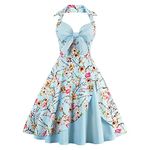 Women's Vintage Dress Ladies Cotton Sexy Retro 1950s Halterneck Rockabilly Swing Floral Print Tea Hem Party Skater A Line Prom Cocktail Party Homecoming Dress Sky Blue UK 16 / XL