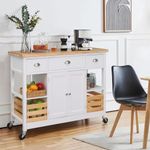 MFSTUDIO Rolling Kitchen Island on Wheels, 47" Mobile Kitchen Cart on Wheels with Open Shelves, Rubberwood Tabletop, Drawers, Portable Storage Islands for Kitchen, Dining Room