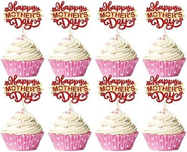 Gyufise Lot de 24 décorations pour cupcakes « Happy Mother's Day » - Dorées et rouges à paillettes - Fleur d'amour et cœur - Décoration de gâteau pour la fête des mères - Fournitures de fête