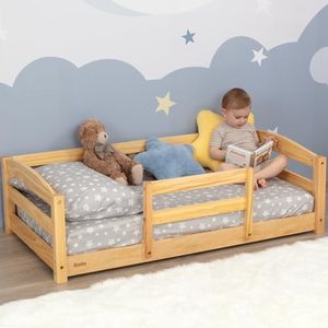 Montessori Floor Bed for Toddlers – Crib-Sized Toddler Bed with 2 Openings, Low Height Wooden Frame – Safe & Breathable Design for Baby, Infant, and Child - Varnished