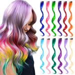 BUMMSEVEN 12 PCS Colored Hair Extensions Clip in, Curly Wavy Synthetic Hairpieces Rainbow Neon Party Highlights, Colorful Hair Accessories Clips Ins for Women 16 Inch (Multi-color Vibrant)