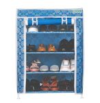 FLIPZON Multipurpose 4-Tiers Shoe Rack with Dustproof Zip Cover, Multiuse Wide Space Storage Rack Made by Non Woven Fabric for Footwear, Toys, Clothes (4 Shelves) (Blue Flower)