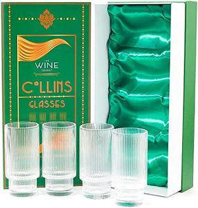 Vintage Art Deco Crystal Highball Ribbed Glass Set of 4 - Ripple, Collins Glassware 14oz Classic Crystal Cocktail Glasses Perfect for Water, Champagne, Beer, Juice, Tom Cocktails - Barware Tumblers