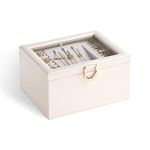 CASEGRACE Jewelry Box with Clear Lid,2-Layer Jewelry Organizer with Mirror,Multi-functional Storage Case,Accessories Holder with Removable Tray for Watches Sunglasses Rings Earrings Necklace (White)