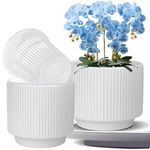 MUZHI 2Pack Ceramic Orchid Plant Pot with Drainage Tray White6”, Clear Orchid Net Baskets Pots w/t Holes Indoor Outdoor Flower Herb Plant Pots 5” (White)