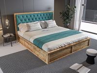 SABTA Craft Wooden Double Size Bed with Box Storage for Bedroom, Dark Green Upholstered Cushioned Headboard, Solid Sheesham Wood, Pine Finish, Mattress Size: 78 X 48 in