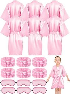 BBTO 18 Pièces Fournitures de Fête de Spa Comprenant 6 Peignoirs Kimono de Filles en Satin de Soie 6 Bandeaux Faciaux de Spa 6 Masques de Yeux en Soie pour Mariage (Rose, Taille 10)