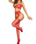 RSLOVE Sexy Lingerie for Women - Exotic Fishnet Bodystocking Lace Floral Bra with Thigh High Garter Stockings Lingerie Set Red One Size
