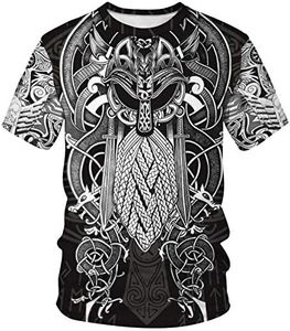 ENLACHIC Men's Vikings T Shirt Tops Novelty 3D Print Norse Mythology Pullover Tee,Odin Wotan,XXL