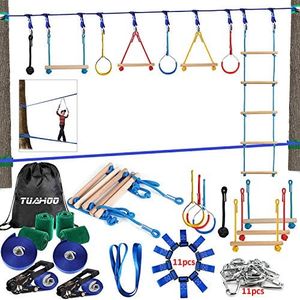 TUAHOO Ninja Obstacle Course for Kids Backyard | Up to 800 Lbs, Setup on Tree or Post | 2X 50ft Double Slackline Ninja Obstacles 10 Accessories | Kids Outdoor Playset Ninja Warrior Training Equipment