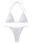 Women's Sparkly Rhinestone Halter Triangle O Ring Top String Thong High Cut Bottom 2 Pieces Bikini Swimsuit Set, White Rhinestone, 2-4