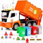 BunnyJOY Garbage Truck Toy with Bins, Interactive Trucks with Sound and Light, Educational Toy Vehicle Playset for 3+ Year Old, Waste Lorry, Gift for Boy Girl Kid 4 5 6 7 8 Year old, Orange