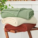 Chunky Cable Knit Throw Blanket Lightweight Light Green 100% Organic Cotton Blanket for Sofa Couch Bed Baby Nursery, Rustic Shabby Chic Modern Farmhouse, 60” x 80” Bonus Laundering Bag