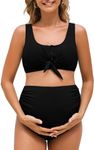 Summer Mae Maternity Ribbed Two-Piece Swimsuit Front Knot Crop Top Bikini High Waisted Pregnancy Bathing Suit, Black, Large