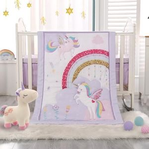 Wowelife Unicorn Crib Bedding Set 3 Pieces Baby Girl Crib Bedding Set Crib Comforter Set for Girls Nursery Bedding Set Purple Include Baby Comforter, Crib Skirt and Crib Sheet, Purple