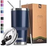 Koodee 30 oz Tumbler with Lid Stainless Steel Double Wall Insulated Travel Coffee Tumbler Cup with 2 Straws, 1 Lids and Brush (Navy)