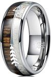 THREE KEYS JEWELRY 8mm Silver Tungsten Wedding Ring with Real Antler Zebra Wood Two Arrows Inlay Dome Hunting Ring Wedding Band Engagement Ring Size 13