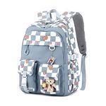 WYCY Backpack for Girls Backpack Fashion Assembly Lattice School Bag with Cute Bear and Cartoon Hang Tag (Blue)