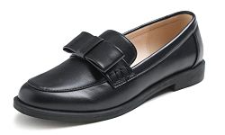 Feversole Women's Fashion Dress Comfort Low Heel Office Penny Loafer Flats Black Bow Knot Welt Vegan Leather Size 6 M US