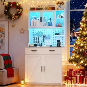 MDGC LED Kitchen Pantry Cabinet with Outlets, Farmhouse Storage Cabinet with Drawers & Adjustable Shelves, 64" Cupboard with Pegboard and Hooks for Dining Room (White)