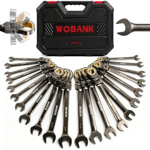 WOBANK 22-Piece Ratcheting Wrench Set, Flex Head Combination Wrenches Set with Organizer Box, Metric 8-19mm and SAE 1/4" to 3/4" Size, 12 Points 72-Teeth, Nickel Plating