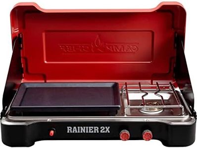 Camp Chef Rainier 2X Combo Cooking System - Two-Burner Camp Stove with Griddle Top - Folding Lid Doubles as Windscreen - Portable Camping Cooking Stove - For Outdoor Cooking - 267 Sq In Cooking Area