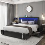 Full Size Bed Frame with RGB LED Lights Headboard & 2 Storage Drawers, Modern Upholstered Faux Leather Smart Platform Bed with Iron Metal Decor, USB & USB-C Charging Ports, No Box Spring Needed, Black